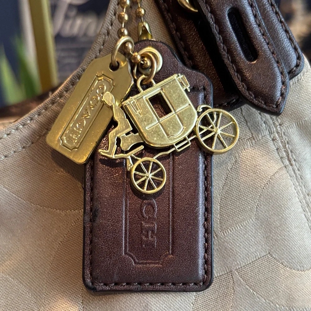 Coach Khaki Signature Jacquard Shoulder Bag with Dark Brown Trim - Picture 3 of 17